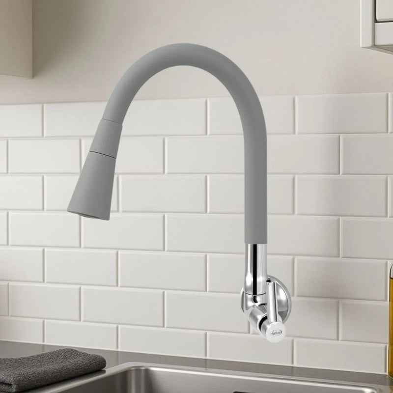 Torneira para Cozinha Parede 1/4V Bica Média Cinza Realce Flexível