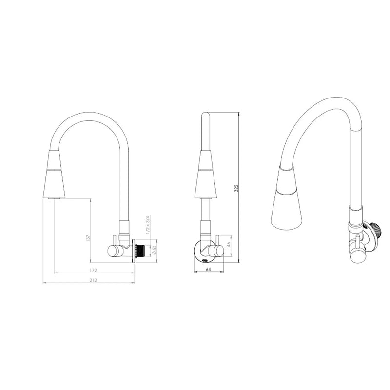 Torneira para Cozinha Parede 1/4V Bica Média Cinza Realce Flexível