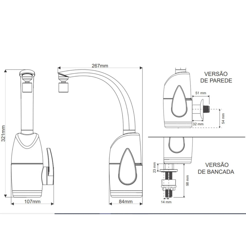 Torneira Elétrica PRIMA TOUCH Parede/Mesa Preta 127V 5500W Zagonel