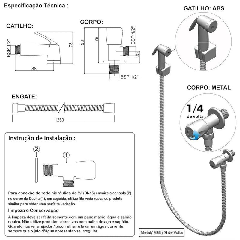 Ducha Higiênica Plástica Cromado com Registro Cromado 1/4V Bognar