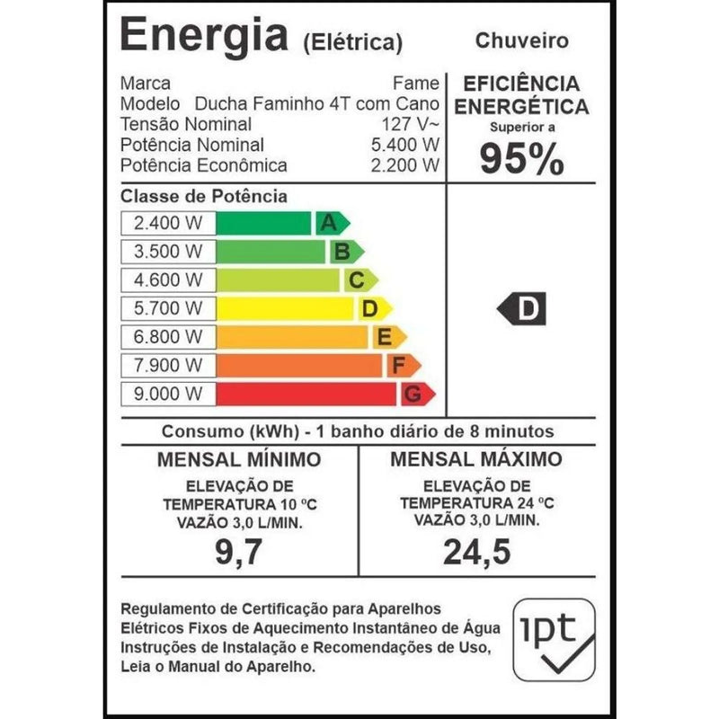 Ducha Faminho com Cano 4 Temperaturas Branca 127V 5400W Fame